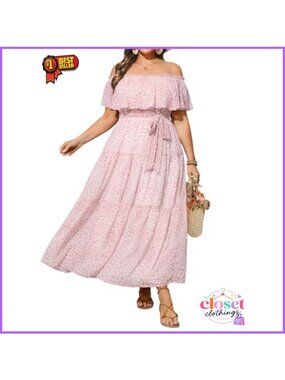 Plus Size Off Shoulder Chiffon Maxi Dress Floral Wedding Guest